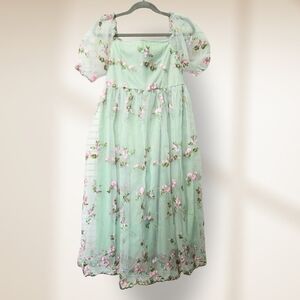 Maternity Mint Green Floral Embroidered Tulle Dress